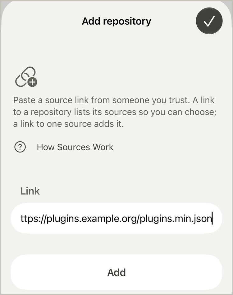 The Add repository sheet, where you paste the link