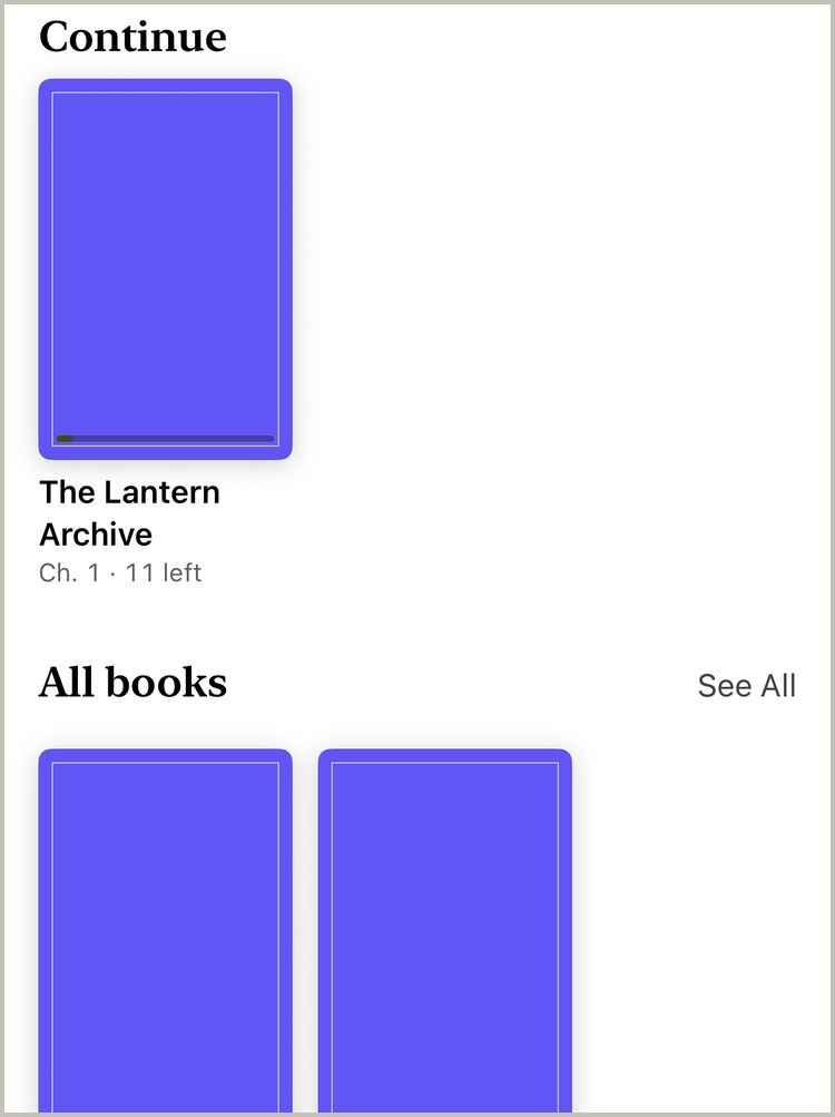 The Library with Continue and All books rows