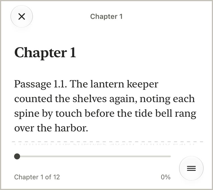 The reader's controls: Close, the bar and the round menu