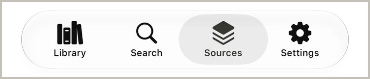 The Library, Search, Sources and Settings tabs