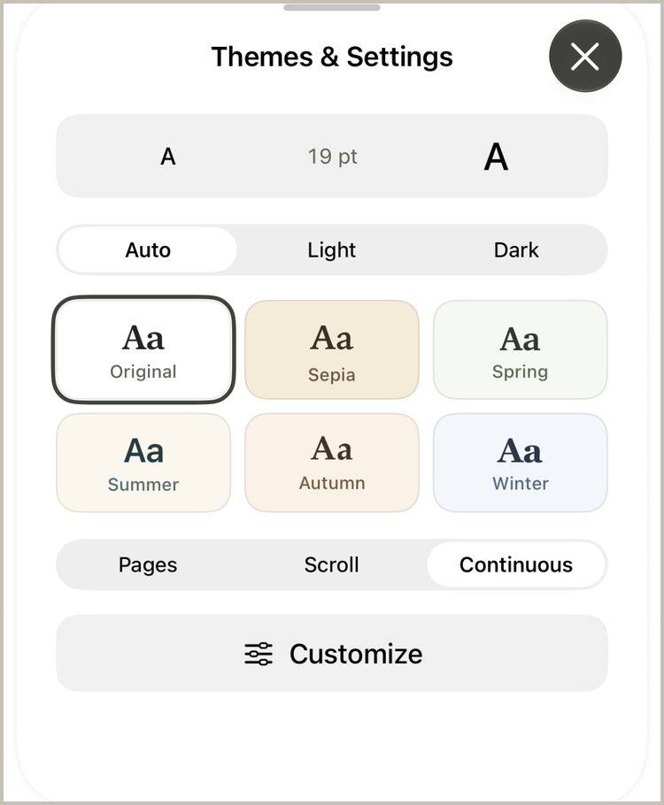 Themes & Settings with text size, themes and layouts